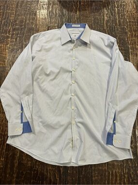 Jhane Barnes Light Blue Pinstripe Dress Shirt with Contrast Blue Trim